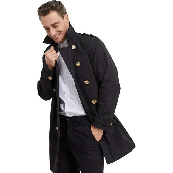 Men's Long Double Breasted Trench Coat with Belt  Light Lape Windbreaker - Picture 4 of 6